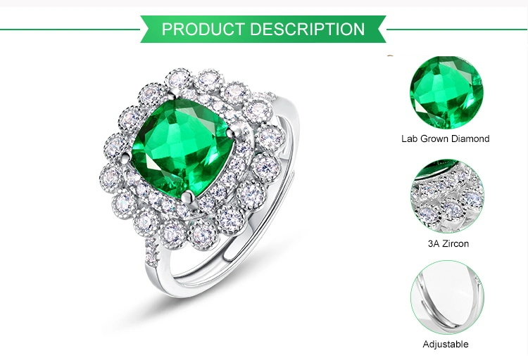 2023 Vintage Cultivating Emerald 2 Carat Rings Square Sterling Silver Lab Grown Emerald Cushion Cut Emerald for Ring